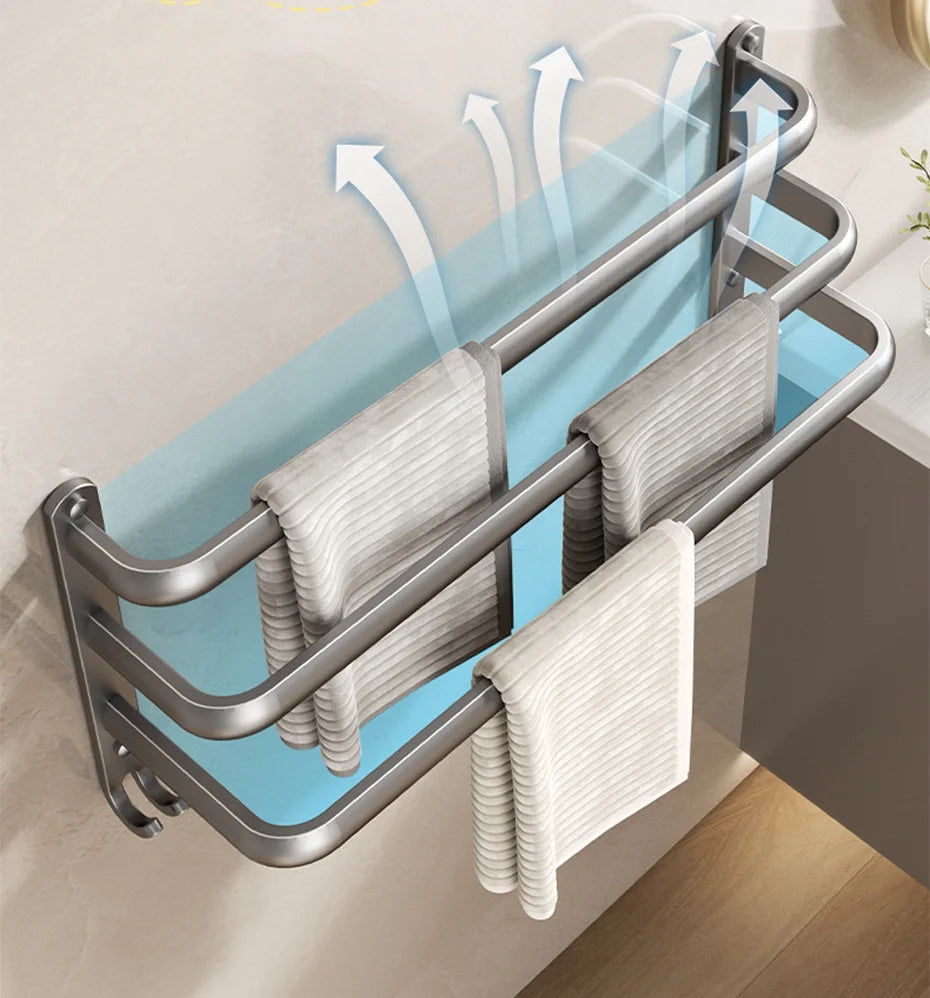 Multilayer Bathroom Towel Rack without Drilling Wall Mount Self Adhesive Towel Hanger Shelf with Hook Three Layer Towel Rail