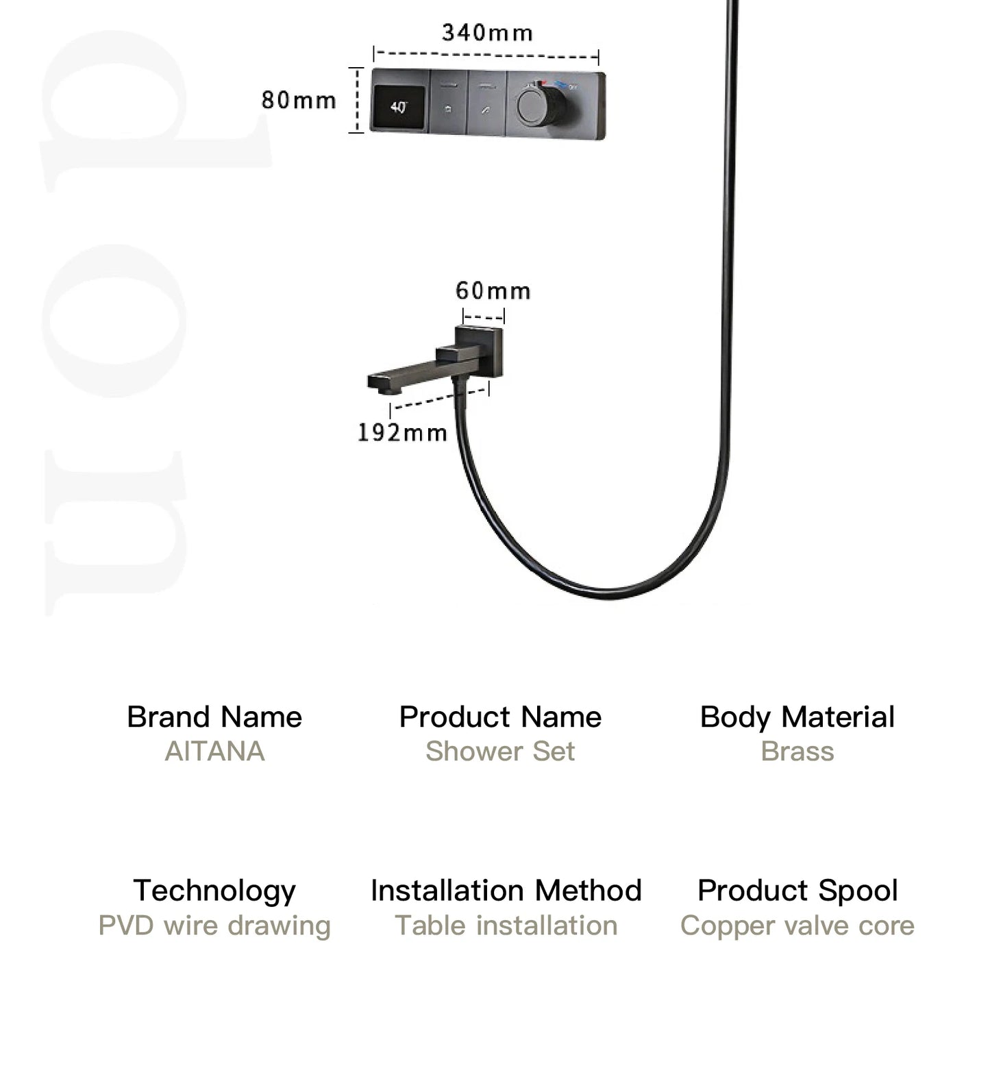 AITANA Luxury wall mounted brass gun gray shower system with hidden design LED digital display dual control bathroom faucet