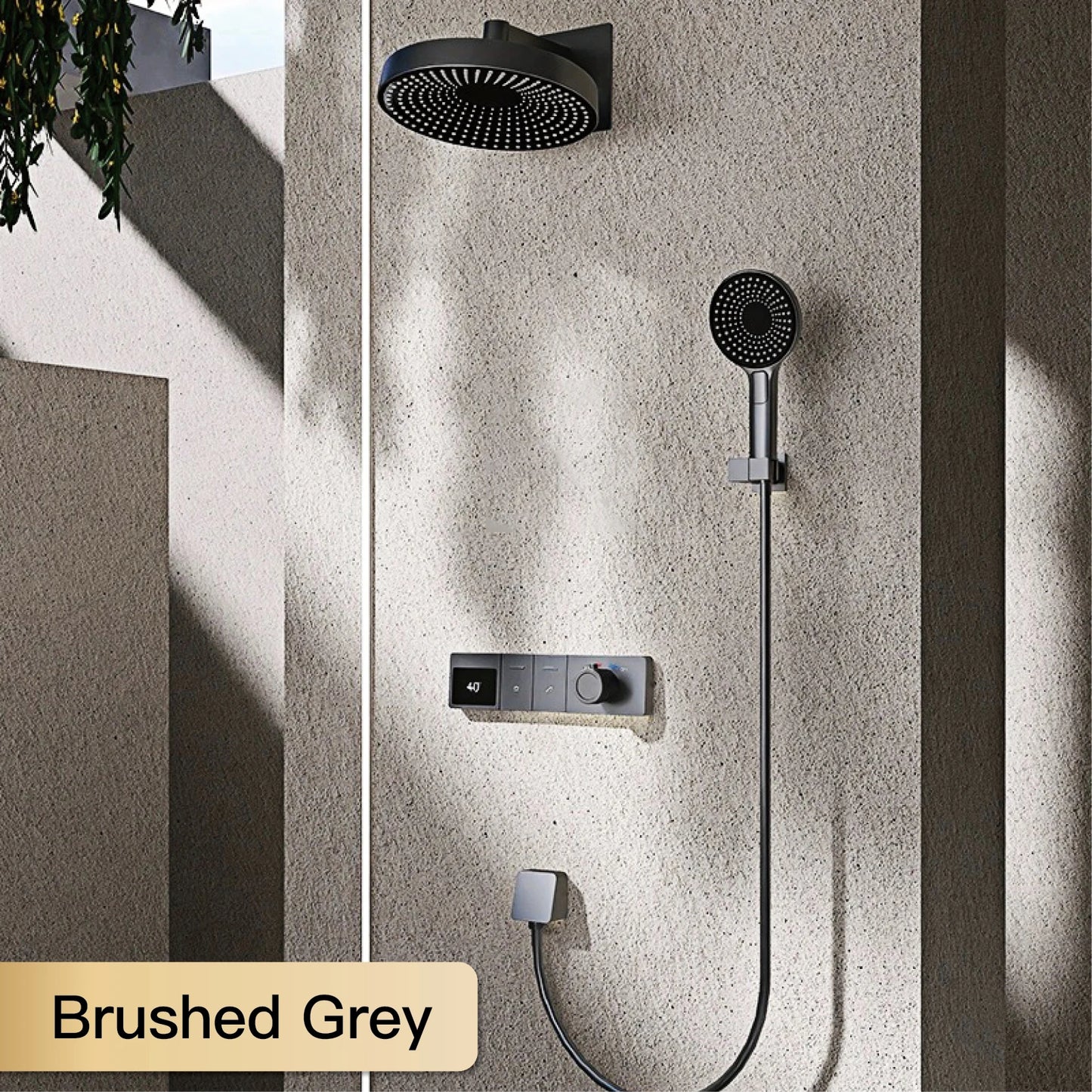 AITANA Luxury wall mounted brass gun gray shower system with hidden design LED digital display dual control bathroom faucet