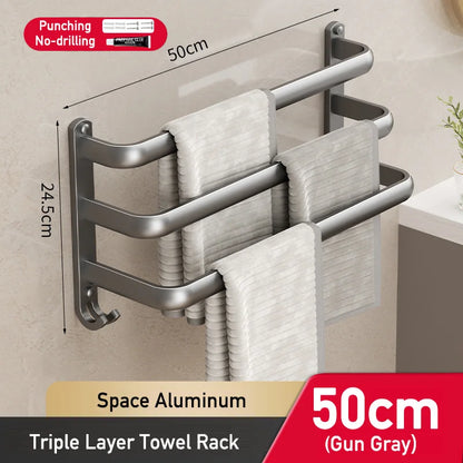 Multilayer Bathroom Towel Rack without Drilling Wall Mount Self Adhesive Towel Hanger Shelf with Hook Three Layer Towel Rail