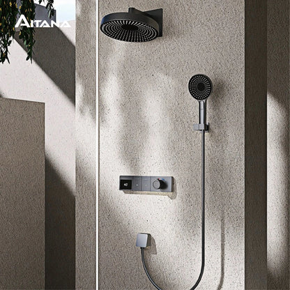 AITANA Luxury wall mounted brass gun gray shower system with hidden design LED digital display dual control bathroom faucet