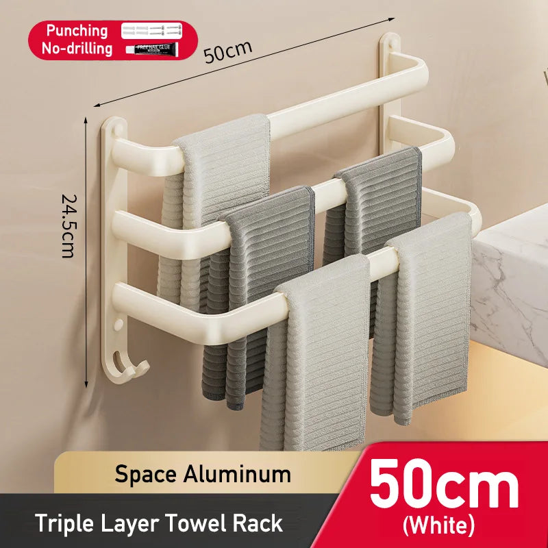 Multilayer Bathroom Towel Rack without Drilling Wall Mount Self Adhesive Towel Hanger Shelf with Hook Three Layer Towel Rail