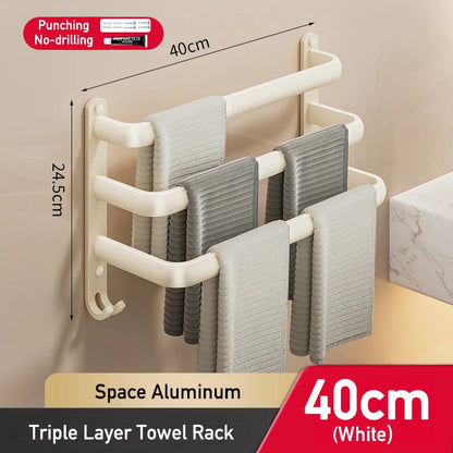 Multilayer Bathroom Towel Rack without Drilling Wall Mount Self Adhesive Towel Hanger Shelf with Hook Three Layer Towel Rail