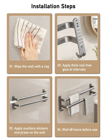 Multilayer Bathroom Towel Rack without Drilling Wall Mount Self Adhesive Towel Hanger Shelf with Hook Three Layer Towel Rail