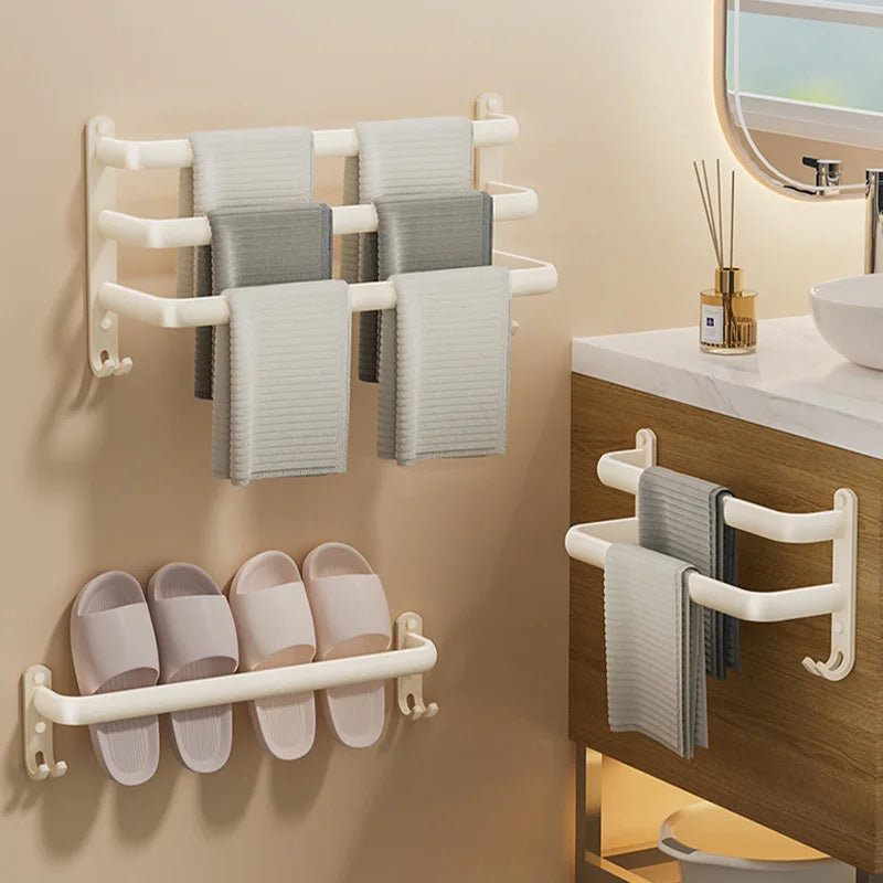 Multilayer Bathroom Towel Rack without Drilling Wall Mount Self Adhesive Towel Hanger Shelf with Hook Three Layer Towel Rail