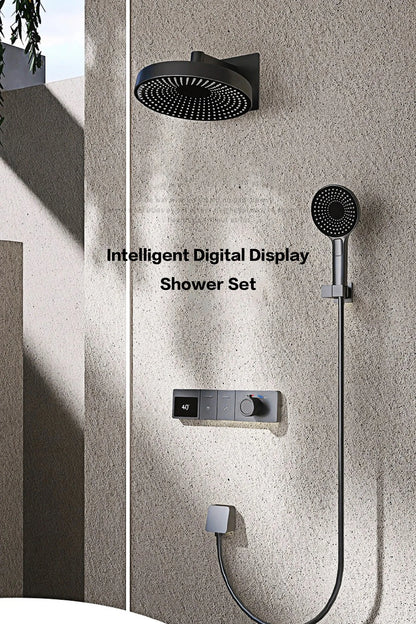 AITANA Luxury wall mounted brass gun gray shower system with hidden design LED digital display dual control bathroom faucet